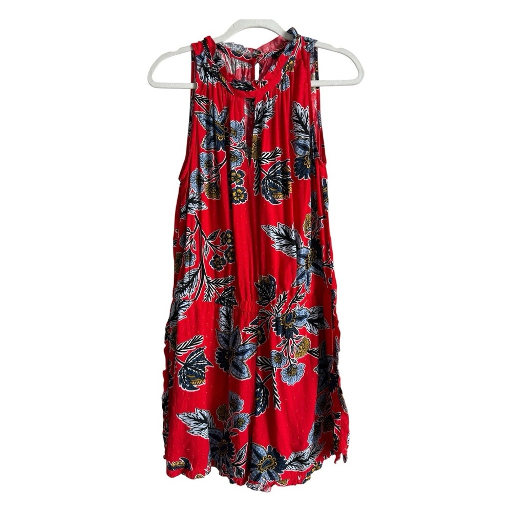 LOFT Red Floral Swiss Dot Romper High Neck Boho Keyhole Shorts Jumpsuit Womens L